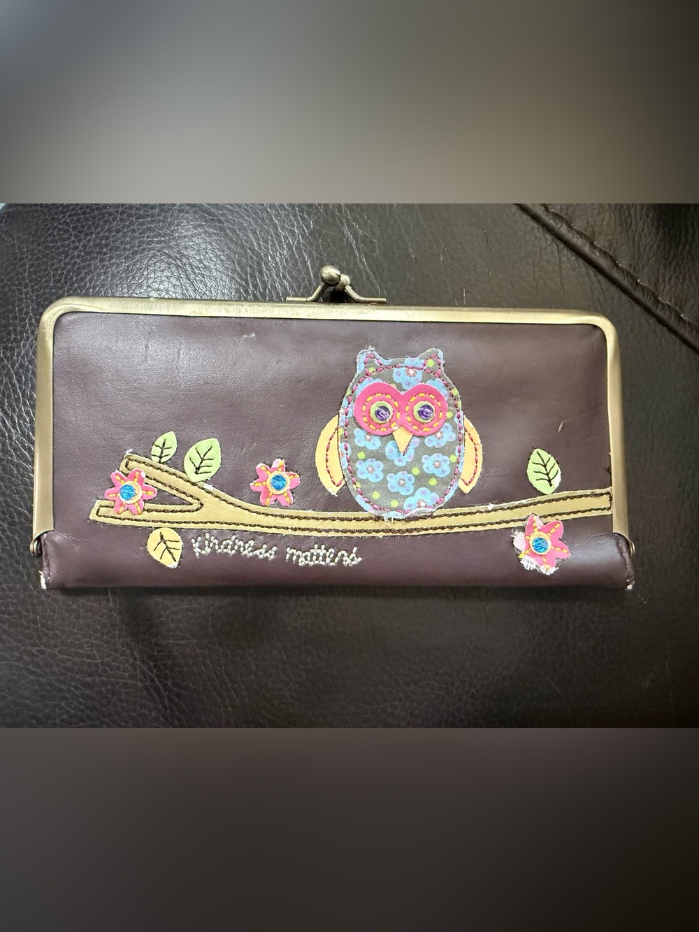 Natural Life Brown Leather Clutch Wallet with Owl Appliqué